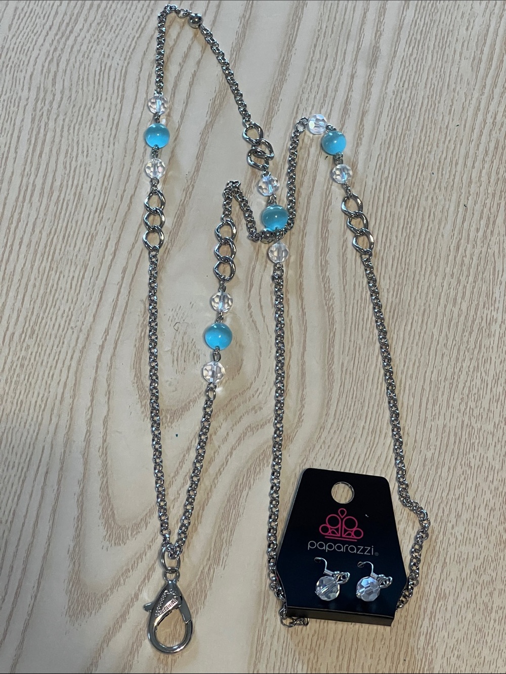 Paparazzi Silver-Tone Necklace Lanyard with Turquoise Blue and Clear Beads